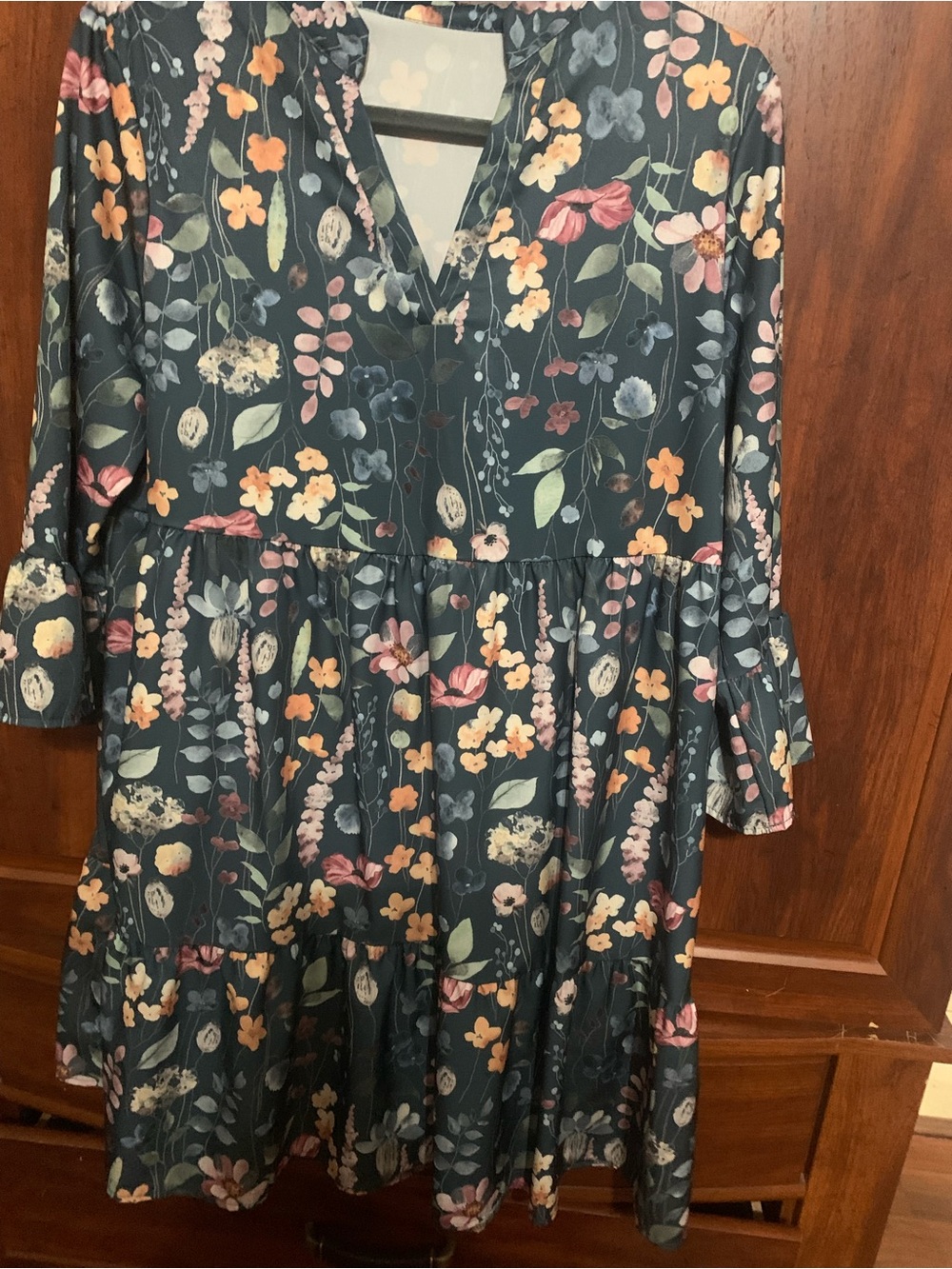 SHEIN Dark Floral Tiered V-Neck Dress - Pink, Peach, Green, Blue